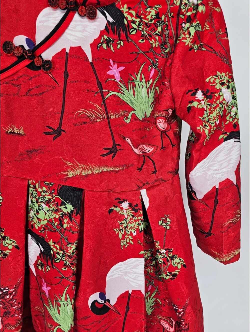 Vintage Girls Sz L red Crane Print Qi Pao Cheongsam Dress Long Sleeve - Picture 2 of 5